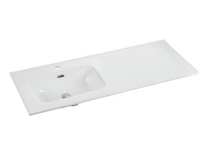 Meuble salle de bains AVIVO 120 cm 2 tiroirs cannelé chêne foncé et lavabo céramique gauche blanc brillant