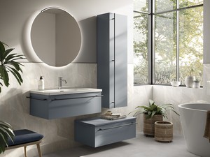 Badezimmermöbel LUMI L80 cm mit 1 Schublade, mattblau, mit Waschbecken Unitop ANDY aus glänzend weißer Keramik