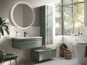 Badezimmermöbel LUMI L80 cm mit 1 Schublade, mattgrün, mit Waschbecken Unitop ANDY aus glänzend weißer Keramik