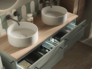 Badezimmermöbel LUMI L60 cm mit 1 Schublade, mattgrüne Oberfläche, mit Waschbecken Unitop SLIM aus glänzend weißem Harz