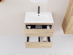 Space-saving bathroom cabinet kit Marea 60 P38 cm 2 drawers Rustic Oak with Glossy White Resin Washbasin