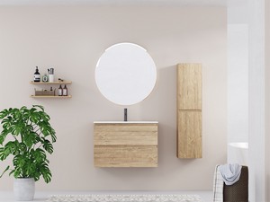 Space-saving bathroom cabinet kit Marea 80 P38 cm 2 drawers Rustic Oak with Glossy White Resin Washbasin