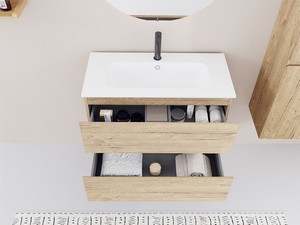 Space-saving bathroom cabinet kit Marea 80 P38 cm 2 drawers Rustic Oak with Glossy White Resin Washbasin