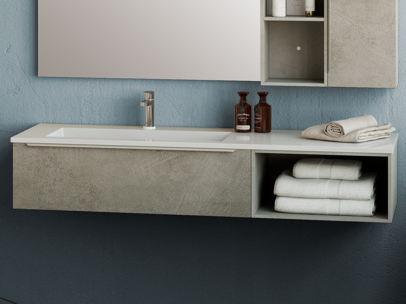 Meuble de salle de bains Trendy 141 cm ciment avec lavabo Hide à gauche