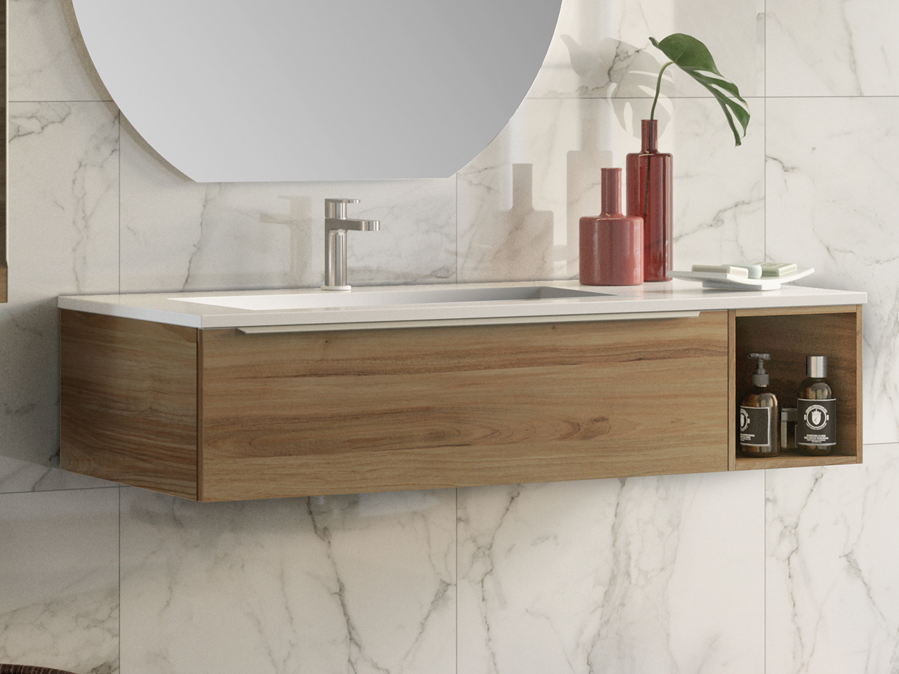 Meuble de salle de bains Trendy 115 cm noyer et lavabo Hide gauche