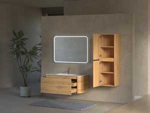 Meuble de salle de bains Etna 100 cm 2 tiroirs en bois multiplis chêne clair avec lavabo en céramique blanc brillant