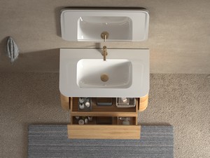 Meuble de salle de bains Etna 80 cm 2 tiroirs en bois multiplis chêne clair avec lavabo en céramique blanc brillant