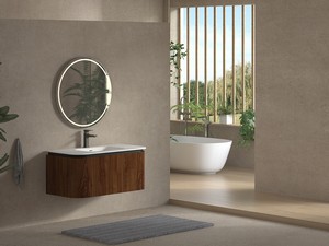 Meuble de salle de bains Tide 100 cm 3 tiroirs en bois multiplis noyer avec lavabo en Solid Surface blanc mat