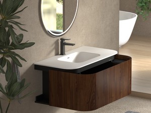 Meuble de salle de bains Tide 100 cm 3 tiroirs en bois multiplis noyer avec lavabo en Solid Surface blanc mat