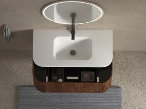 Meuble de salle de bains Tide 100 cm 3 tiroirs en bois multiplis noyer avec lavabo en Solid Surface blanc mat