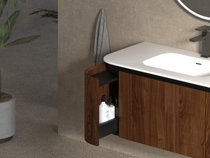 Meuble de salle de bains Tide 100 cm 3 tiroirs en bois multiplis noyer avec lavabo en Solid Surface blanc mat