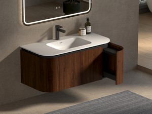 Meuble de salle de bains Tide 100 cm 3 tiroirs en bois multiplis noyer avec lavabo en Solid Surface blanc mat
