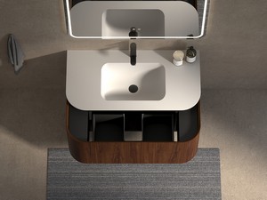 Meuble de salle de bains Tide 100 cm 3 tiroirs en bois multiplis noyer avec lavabo en Solid Surface blanc mat