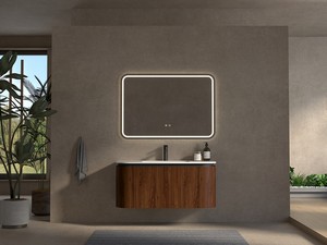 Meuble de salle de bains Tide 100 cm 3 tiroirs en bois multiplis noyer avec lavabo en Solid Surface blanc mat