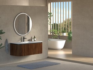 Meuble de salle de bains Tide 120 cm 3 tiroirs en bois multiplis noyer avec lavabo en Solid Surface blanc mat