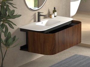 Meuble de salle de bains Tide 120 cm 3 tiroirs en bois multiplis noyer avec lavabo en Solid Surface blanc mat