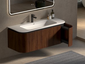 Meuble de salle de bains Tide 120 cm 3 tiroirs en bois multiplis noyer avec lavabo en Solid Surface blanc mat