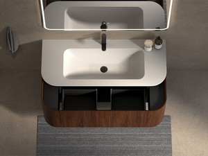 Meuble de salle de bains Tide 120 cm 3 tiroirs en bois multiplis noyer avec lavabo en Solid Surface blanc mat