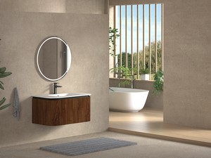 Meuble de salle de bains Tide 90 cm 3 tiroirs en bois multiplis noyer avec lavabo en Solid Surface blanc mat