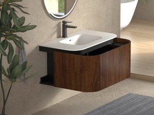 Meuble de salle de bains Tide 90 cm 3 tiroirs en bois multiplis noyer avec lavabo en Solid Surface blanc mat