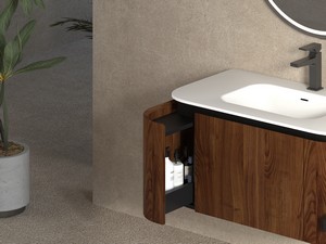 Meuble de salle de bains Tide 90 cm 3 tiroirs en bois multiplis noyer avec lavabo en Solid Surface blanc mat
