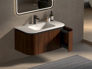 Meuble de salle de bains Tide 90 cm 3 tiroirs en bois multiplis noyer avec lavabo en Solid Surface blanc mat