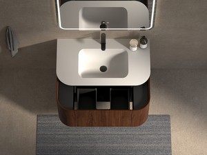Meuble de salle de bains Tide 90 cm 3 tiroirs en bois multiplis noyer avec lavabo en Solid Surface blanc mat