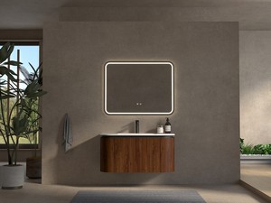 Meuble de salle de bains Tide 90 cm 3 tiroirs en bois multiplis noyer avec lavabo en Solid Surface blanc mat