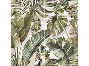 Dekorelement Murales Polinesia, Feinsteinzeug mit Tropical-Tapetenoptik, Zusammensetzung 120x120