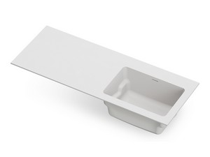 DESK 130 cm Matte Avio Blue Laundry Cabinet, Matt White Handles and Feet, OKRY Right Sink