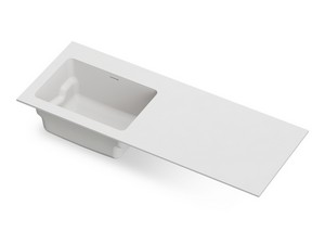 DESK 130 cm Matte Avio Blue Laundry Cabinet, Matt White Handles and Feet, OKRY Left Sink