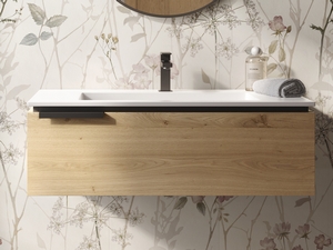 Meuble de salle de bain OXYGEN 90 cm 1 tiroir chêne naturel nœuds et lavabo Unitop HIDE en résine blanc brillant