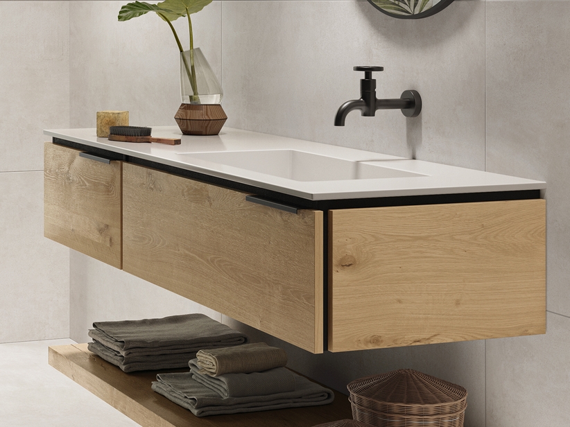 Meuble de salle de bain OXYGEN 140 cm 2 tiroirs chêne naturel lavabo