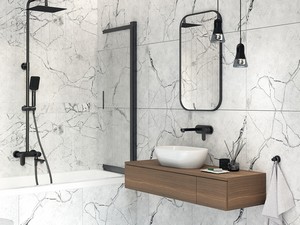 Badewannenwand Prizma mit Schiebetür cm 100 H140 Erw. 58,7-98,1 Glasstärke 6 mm Transparent Profile Schwarz matt