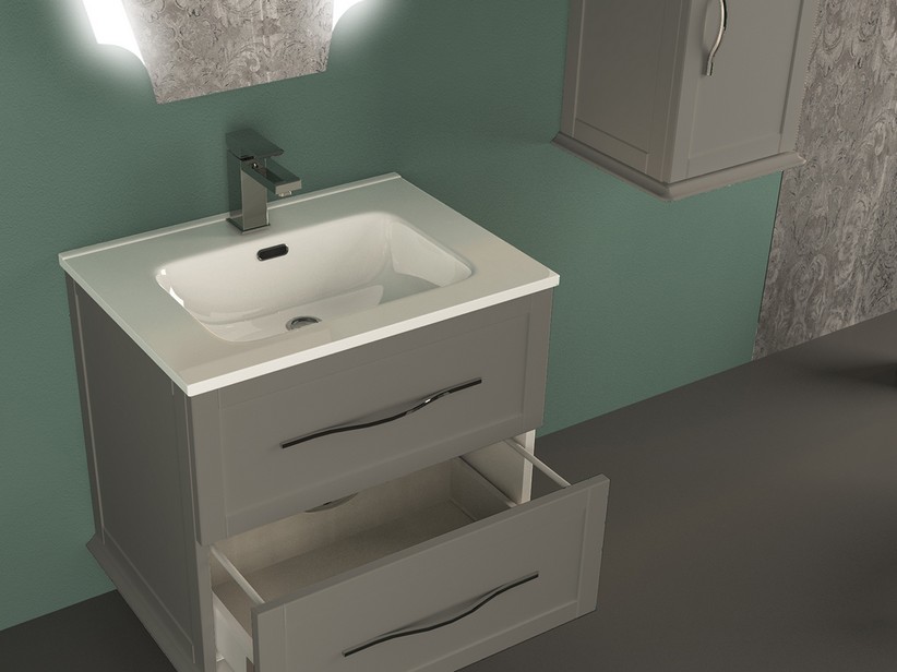 Mobile Bagno Sospeso NEXO 2 Cassetti Profondità Ridotta 40 Cm Laccato Opaco Con Lavabo In Porcellana Bianco