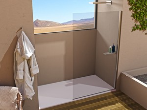Doccia Walk-In Plano 120 cm H200 Est 116,5/118,5 Cristallo 8 mm Trasp con Mensola Destra e Profili Effetto Inox Spazzolato
