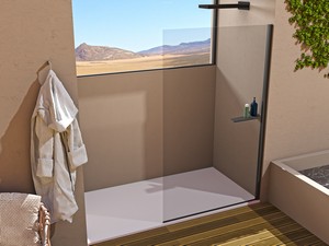 Doccia Walk-In Plano 100 cm H200 Est 96,5/98,5 Cristallo 8 mm Trasparente con Mensola Destra e Profili Nero Opaco