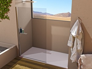 Plano Walk-In 140 cm Crystal 8 mm Transparent with Left Shelf And Brushed Steel Effect Profile