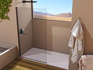 Doccia Walk-In Plano 100 cm H200 Est 96,5/98,5 Cristallo 8 mm Trasparente con Mensola Sinistra e Profili Nero Opaco
