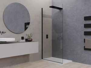 Doccia Walk-In Plano 100 cm H200 Est 96,5/98,5 Cristallo 6 mm Trasparente con Soffione 100 cm Inox e Profili Nero Opaco