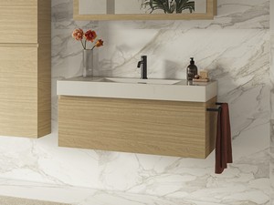 Mobile Bagno Qubo 100 cm 1 Cassetto Quercia Chiaro con Lavabo Unitop in Resina Bianco Lucido