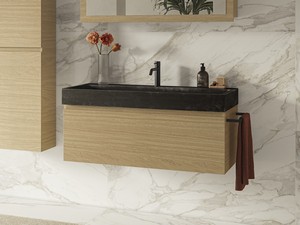 Badezimmermöbel Qubo 100 cm 1 Schublade Eiche hell mit Waschbecken Unitop Purestone