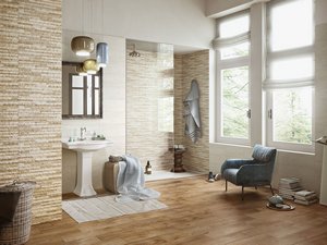 Carrelage Rieti décor beige 20x45 imitation mur travertin 3D