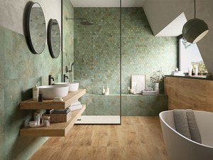 Slim Metal Green Mosaic 29x27 3,5 mm thick Stoneware Copper Green Metal Effect