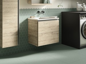SMART Space-Saving Laundry Cabinet 60 cm 1 Door Natural Oak and WASH Sink