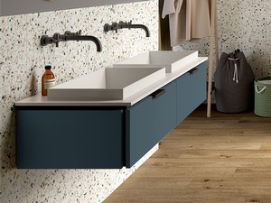 TOUCH 140 cm Badezimmerschrank 2 Schubladen Blau matt und Halbeinbaudoppelbecken STAR Mattweiß