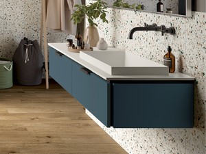 TOUCH 140 cm Badezimmerschrank 2 Schubladen Blau matt und Halbeinbaubecken rechts STAR Mattweiß