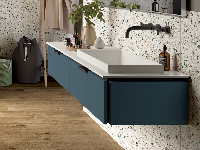 Meuble de salle de bains TOUCH 140 cm 2 tiroirs bleu nuit mat et lavabo