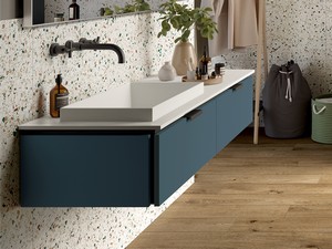 TOUCH 140 cm Badezimmerschrank 2 Schubladen Blau matt und Halbeinbaubecken links STAR Mattweiß