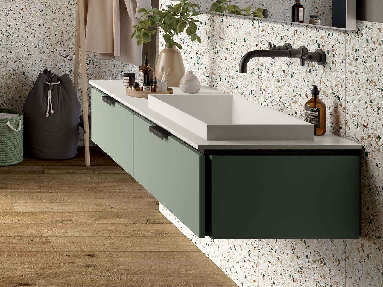 TOUCH BATHROOM 140 cm 2 DRAWERS IN MATT SAGE GREEN AND STAR